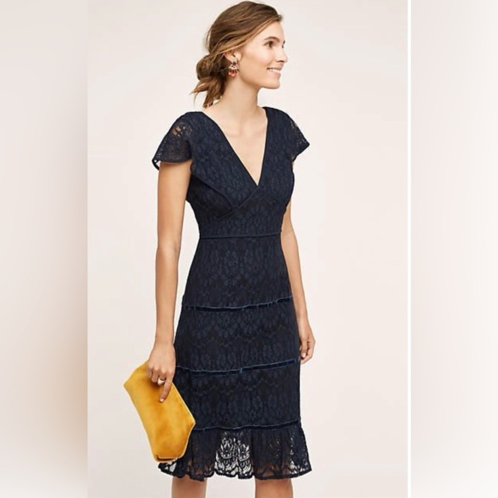 Foxiedox Clarinda Tiered Lace Dress Deep V‎ Neckline Size Medium Midi Dress